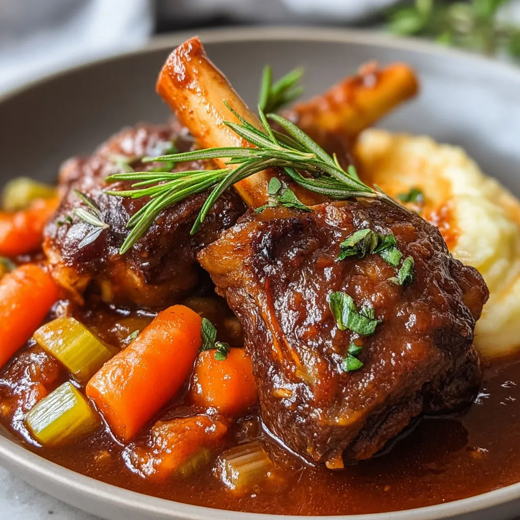 Viande mijotée servie en sauce avec carottes, pommes de terre et herbes.