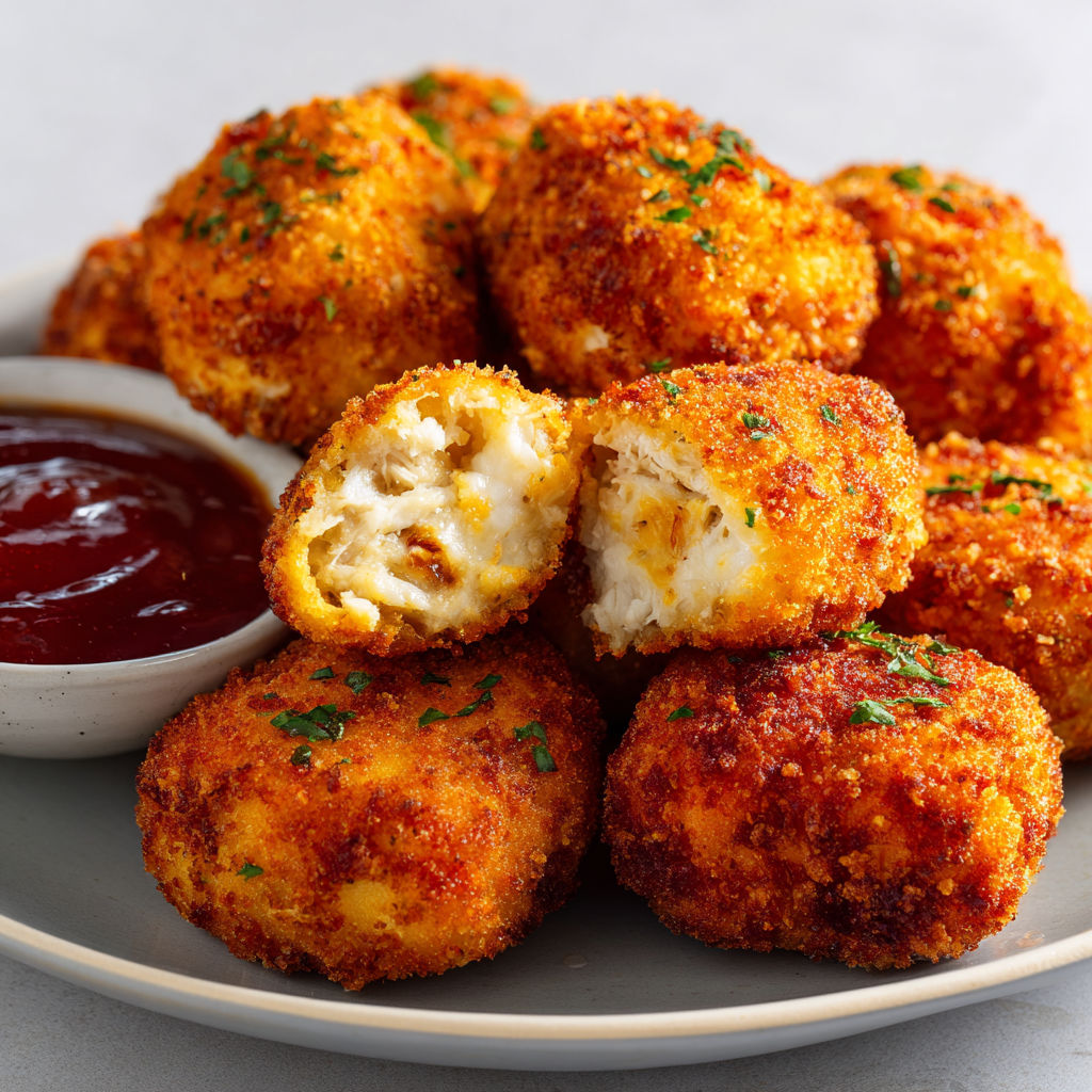 Des croquettes de poulet accompagnées d’une sauce, servies sur une table.