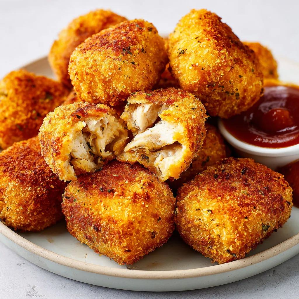 Une montagne de bouchées de poulet croustillantes à tremper dans du ketchup.