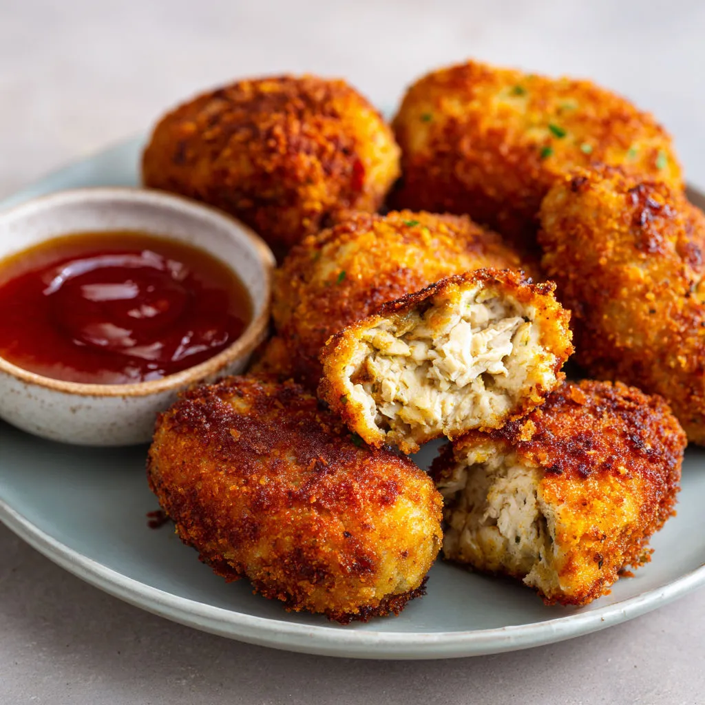 Un plateau garni de croquettes dorées avec une sauce à tremper.