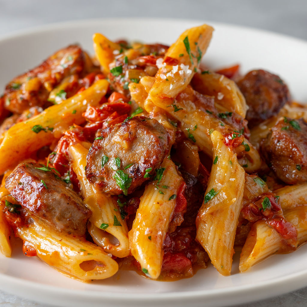 Un plat de pâtes garnies de saucisses italiennes et de tomates. Le tout entouré de quelques herbes fraîches, servi sur une table conviviale.