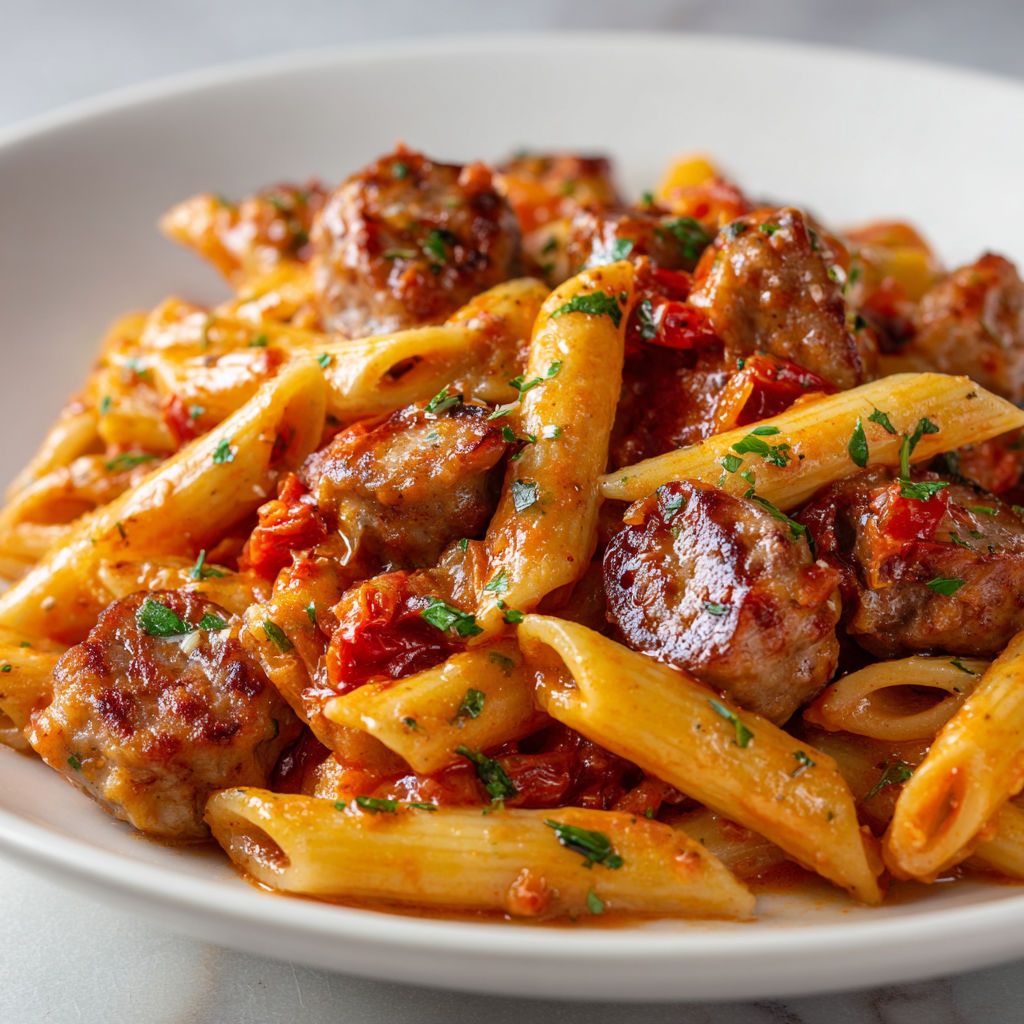 Pâtes sauce tomate, boulettes et herbes fraîches.