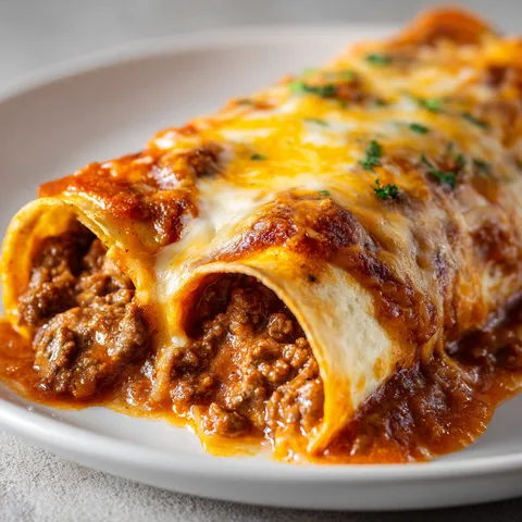 Tortillas garnies de boeuf savoureux et gratinées à la sauce tomate.