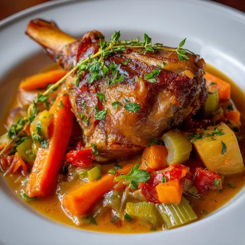 Un jarret de porc mijoté accompagné de légumes fondants dans une cocotte en fonte.