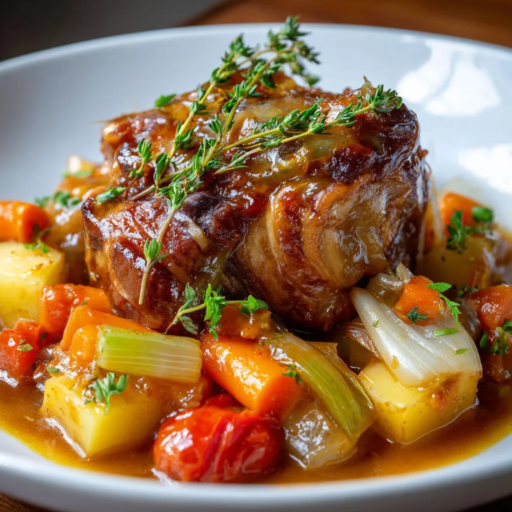 Des morceaux de porc braisés avec des légumes dans une cocotte en fonte.