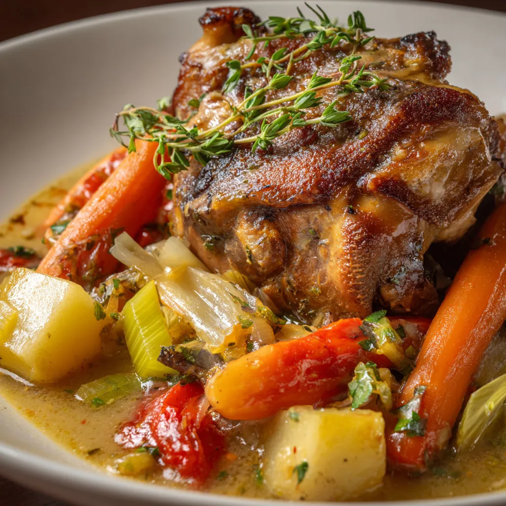 Une cocotte en fonte pleine de légumes et de porc bien braisé.