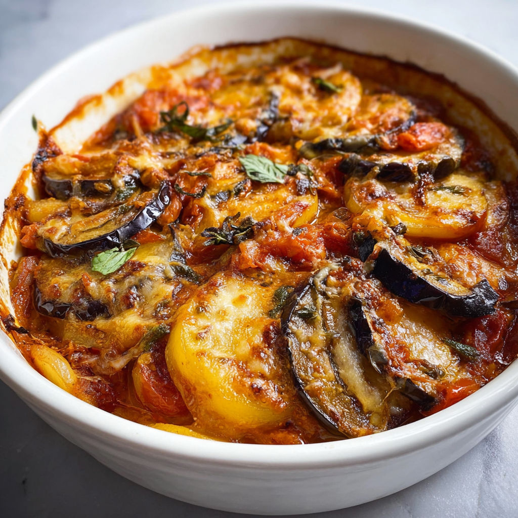 Plat gratiné d’aubergines, tomates et pommes de terre dans un joli bol blanc.