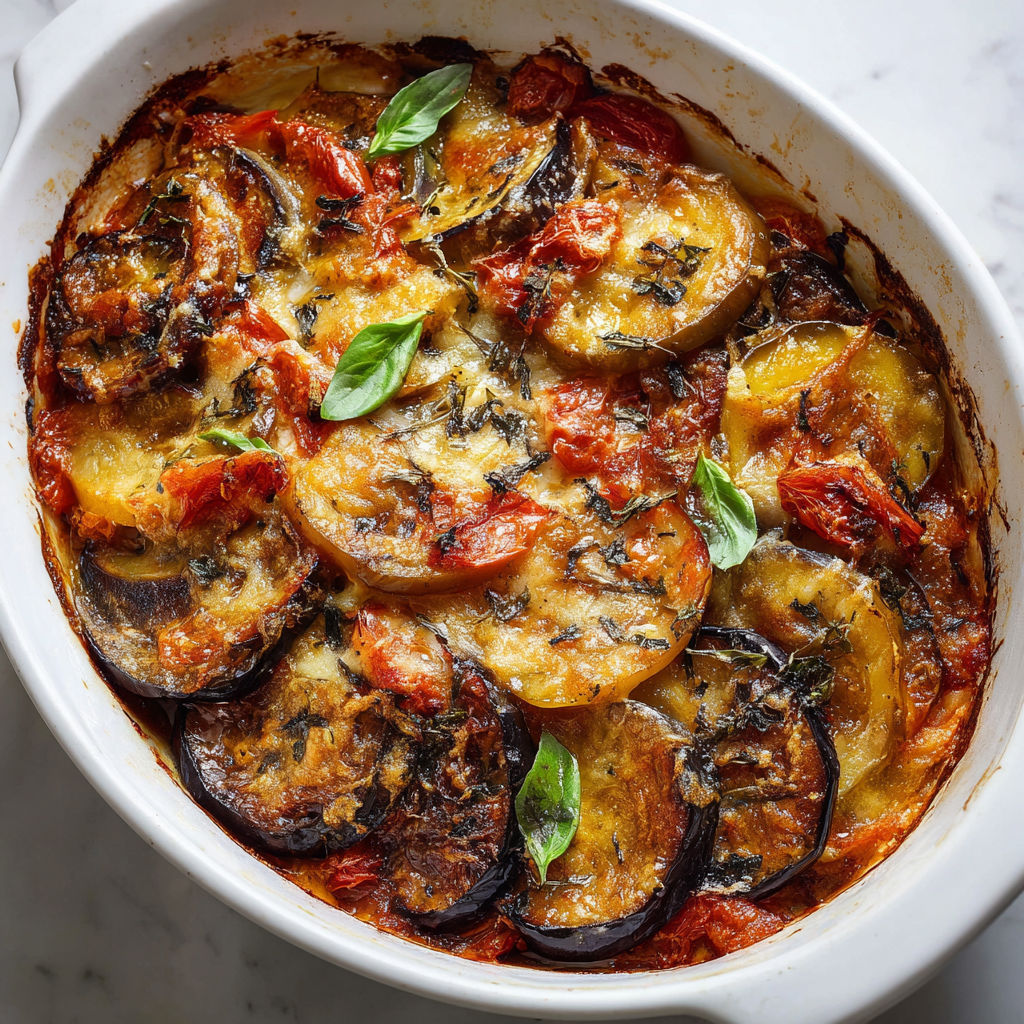 Pizza maison colorée garnie de tomates, aubergines et herbes fraîches.