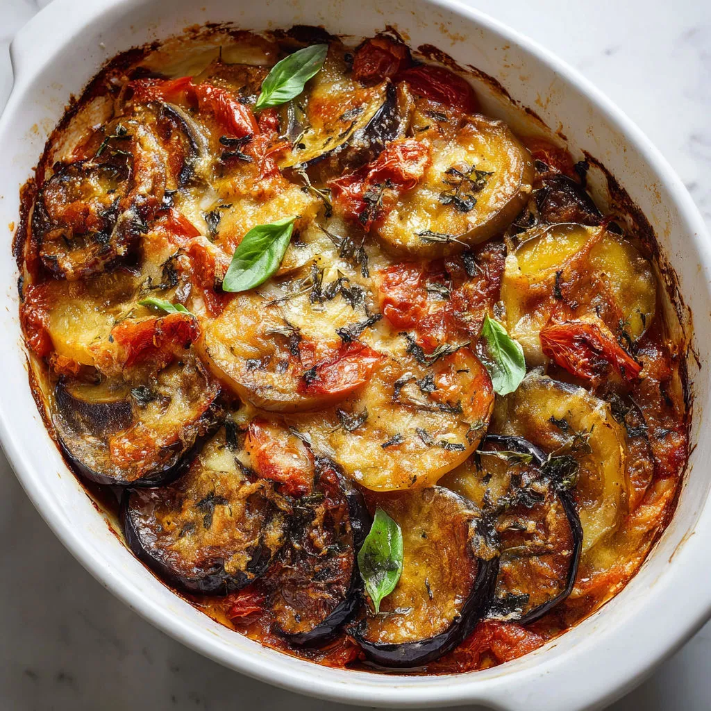 Pizza maison colorée garnie de tomates, aubergines et herbes fraîches.