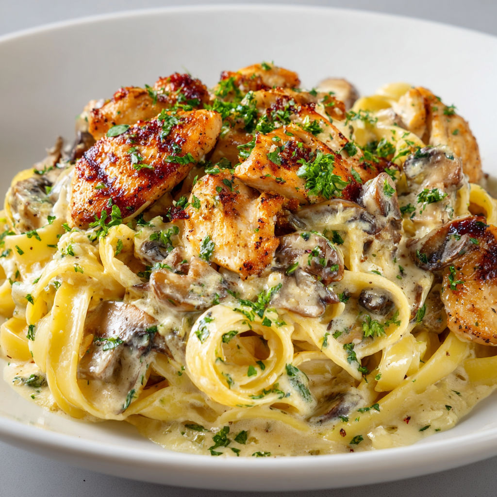 Une assiette garnie de pâtes nappées de sauce crémeuse, accompagnées de poulet et champignons servie sur une table.