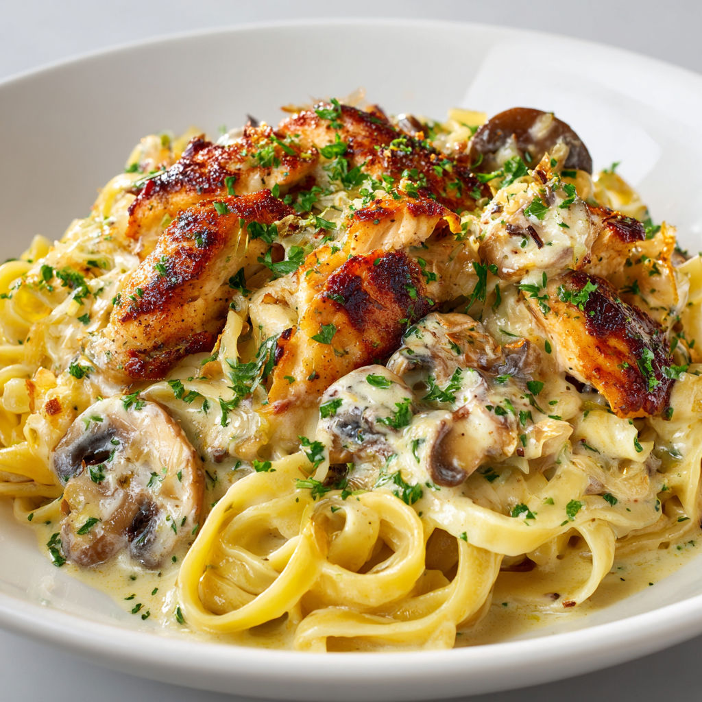 Une assiette généreuse de pâtes au poulet et champignons, le tout recouvert d’une sauce crémeuse.