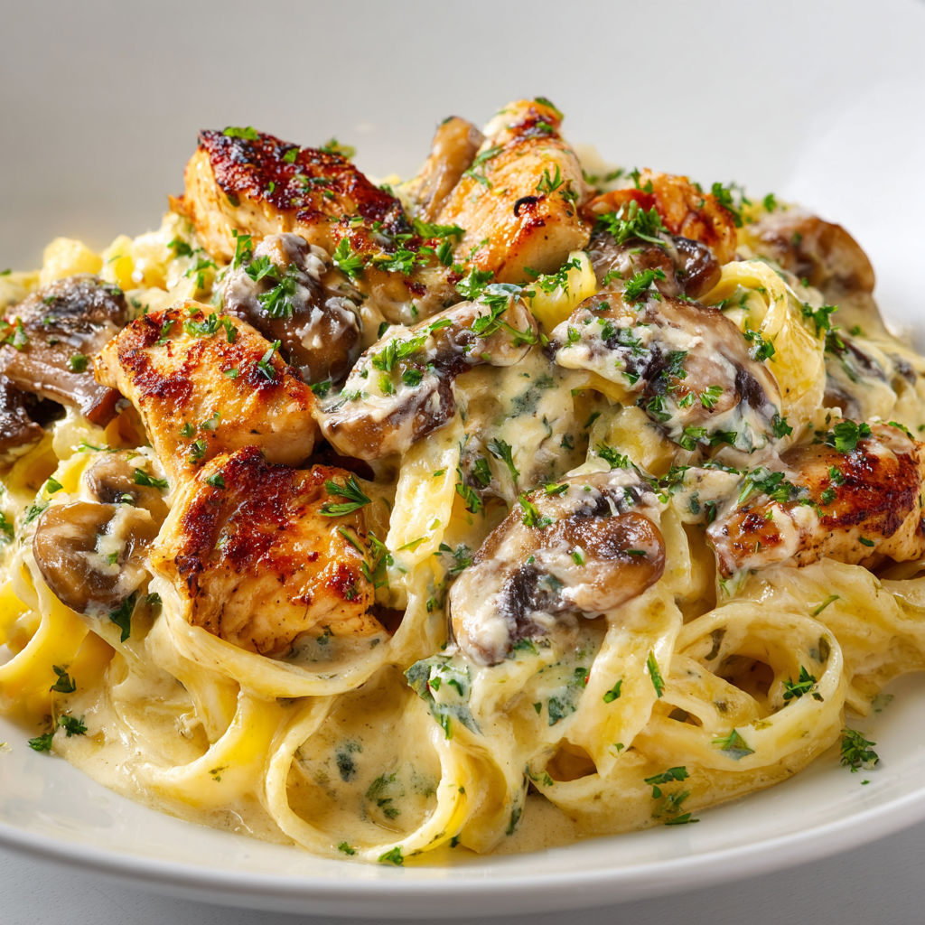 Une assiette généreuse de pâtes au poulet et champignons, le tout recouvert d’une sauce crémeuse.