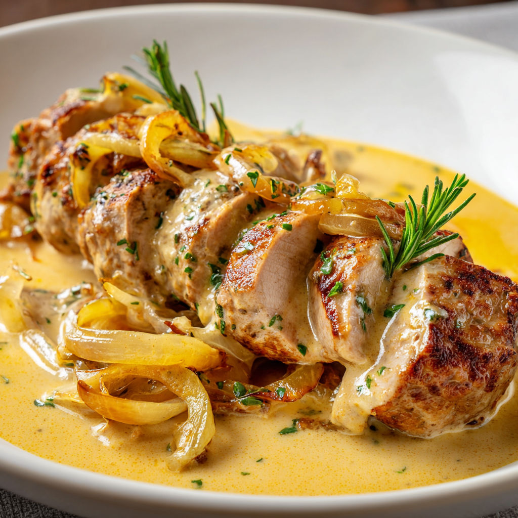 Porc au lait de coco mousseux, servi dans une assiette blanche.