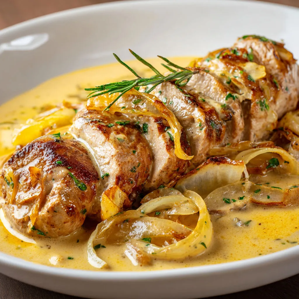 On voit de la viande grillée accompagnée de pommes de terre et d’oignons dans une sauce coco.