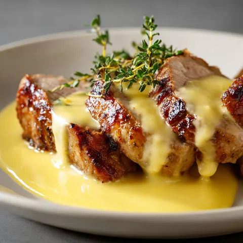 Filet mignon nappé de sauce hollandaise avec une touche d'herbes.