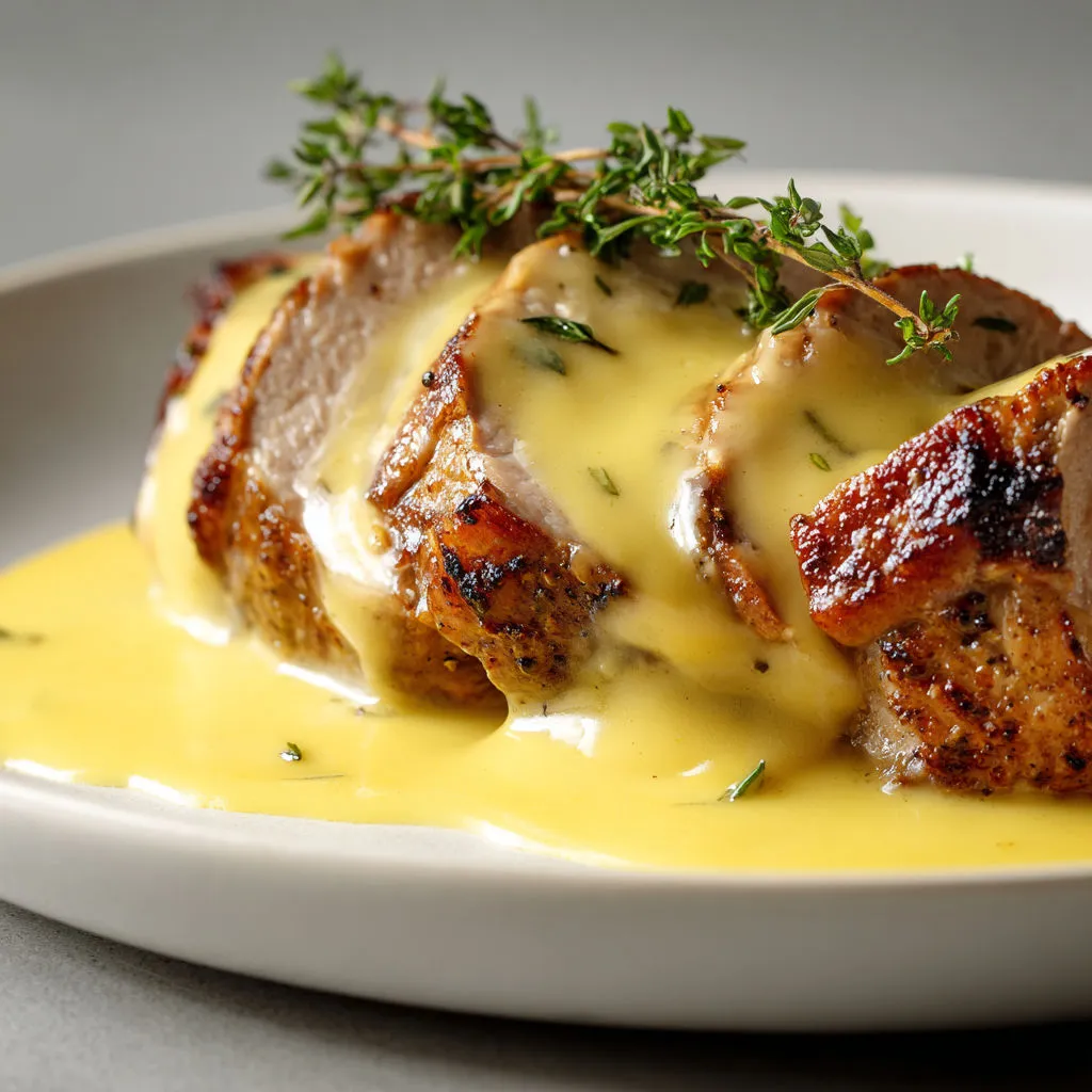 Viande juste poêlée avec sauce yaourt aux herbes fraîches.