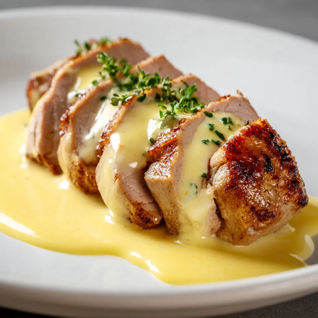 Morceau de poulet poêlé nappé de beurre aux herbes et sauce citronnée.