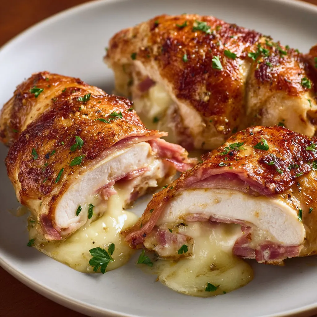 Roulés de poulet garnis de fromage et jambon, joliment présentés sur un plat.