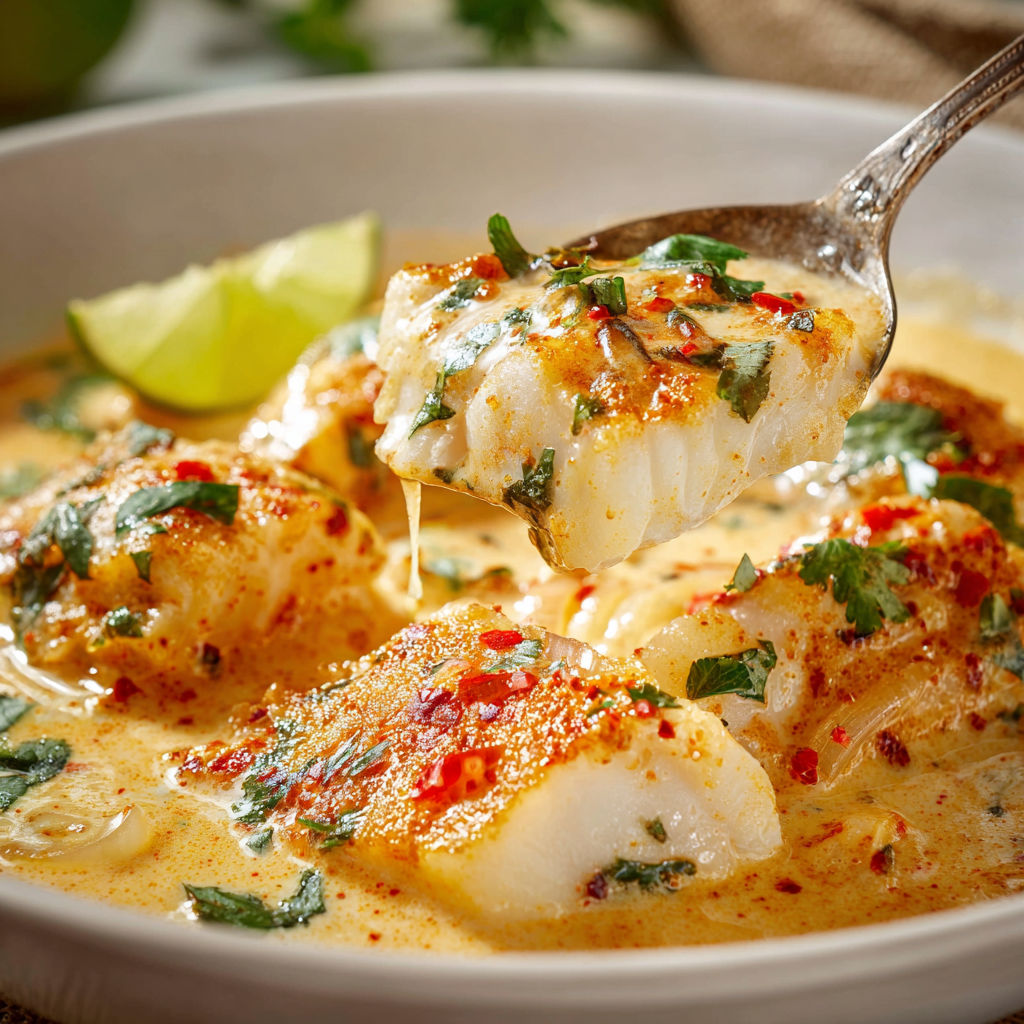 Assiette de cabillaud épicé au lait de coco servi en quinze minutes, on retire de la sauce à la cuillère.