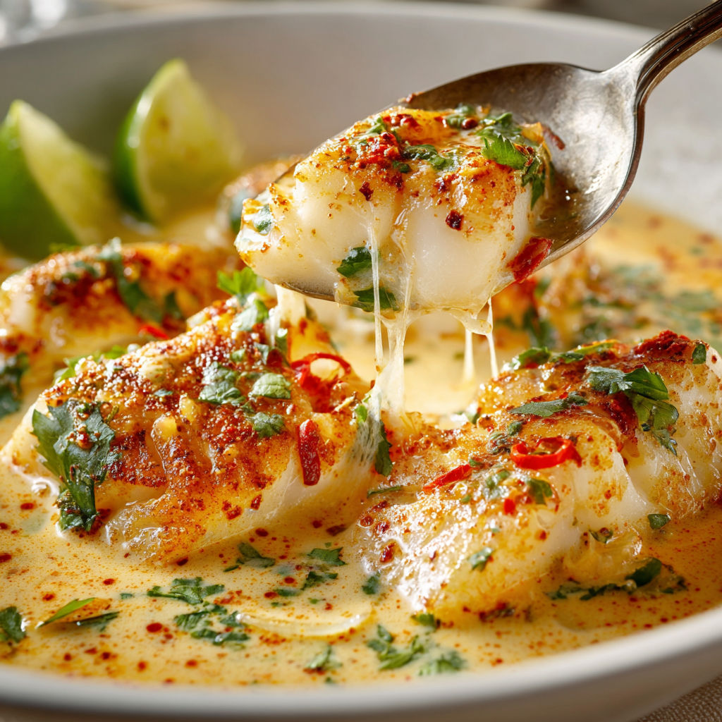 Servie express de cabillaud épicé au lait de coco avec une cuillère qui prend la sauce, prêt en 15 minutes.