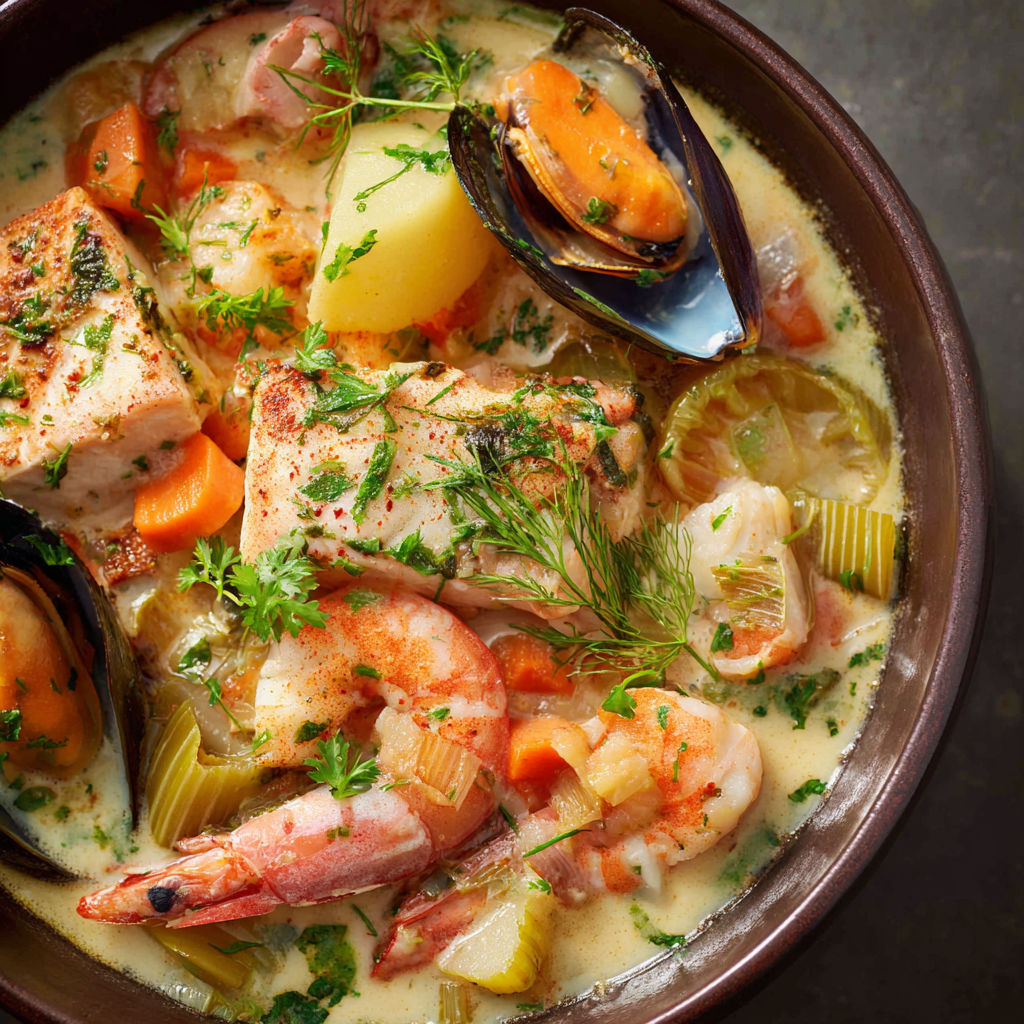 Une marmite fumante avec des légumes frais, des moules et des morceaux de poisson.