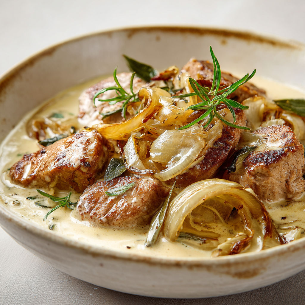 Filet mignon de porc servi avec oignons caramélisés, herbes fraîches et sauce parfumée.