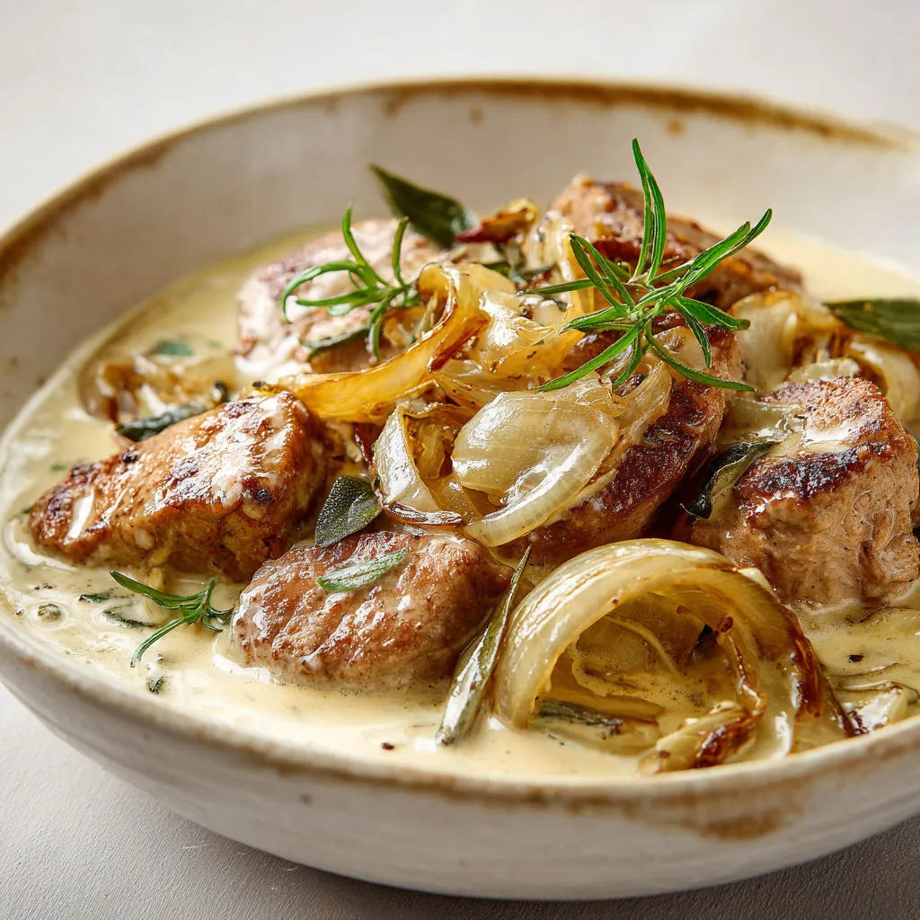 Filet mignon de porc servi avec oignons caramélisés, herbes fraîches et sauce parfumée.