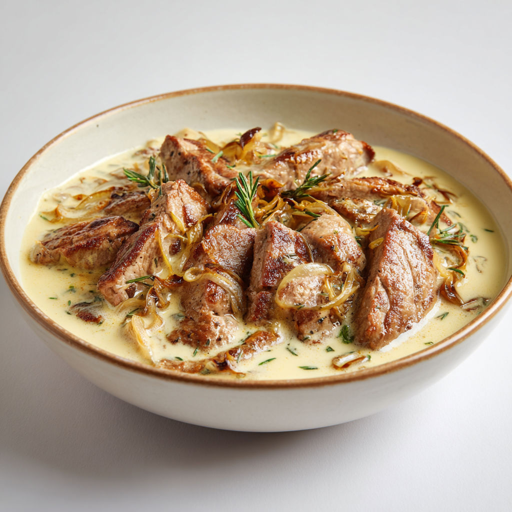 Un plat de viande avec des légumes et des herbes, accompagné d'une sauce.