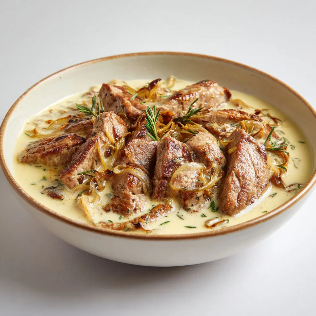 Un plat de viande avec des légumes et des herbes, accompagné d'une sauce.