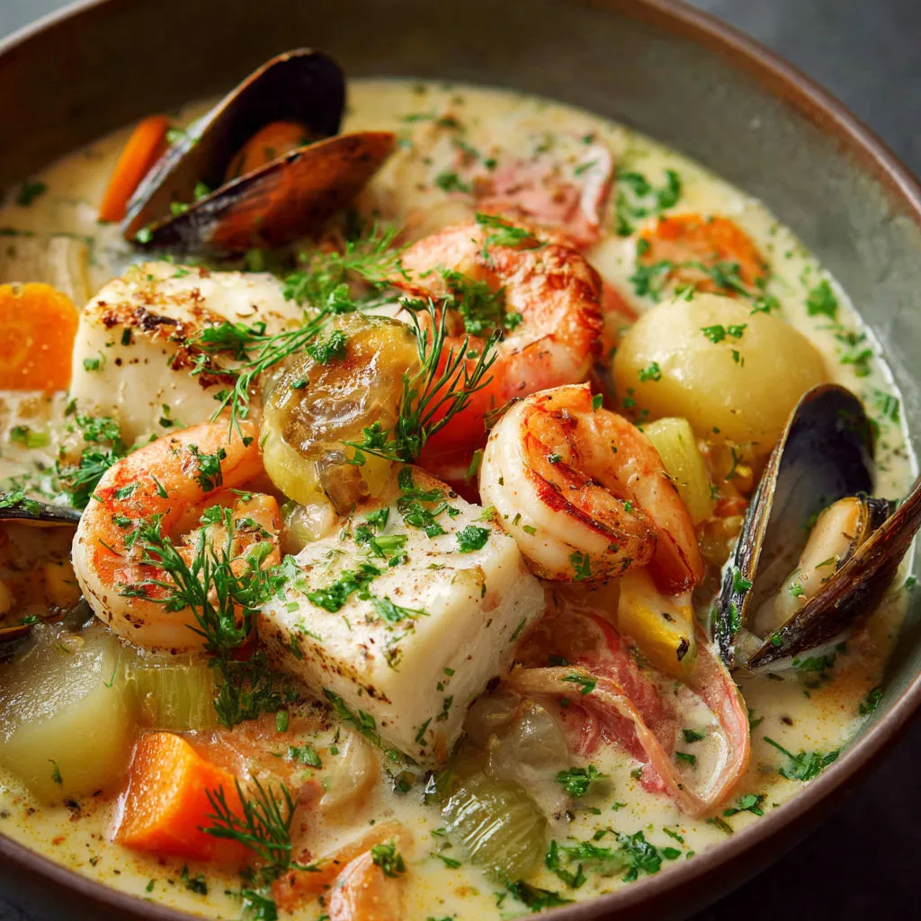 Un plat de bouillabaisse avec moules, carottes, oignons et herbes fraîches.