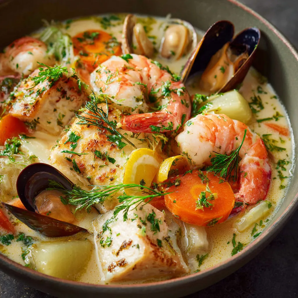 Un plat de bouillabaisse avec des moules, carottes, tomates, épinards et herbes parfumées.