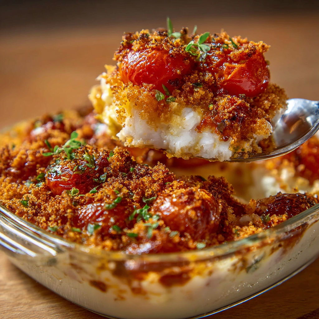 Un crumble de cabillaud avec tomates et herbes servi dans un bol posé sur une table.