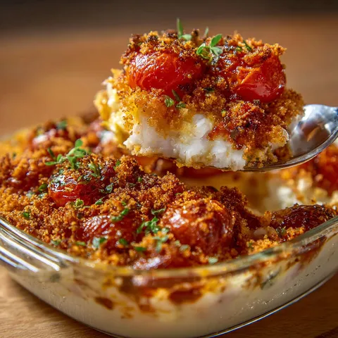 Un crumble de cabillaud avec tomates et herbes servi dans un bol posé sur une table.