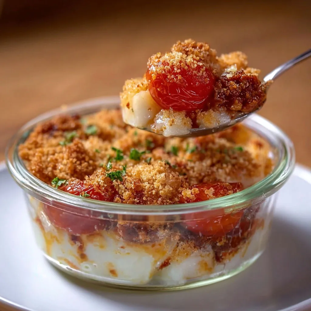 Une coupe de crêpes de tomates et fromage, attrapée à la fourchette.