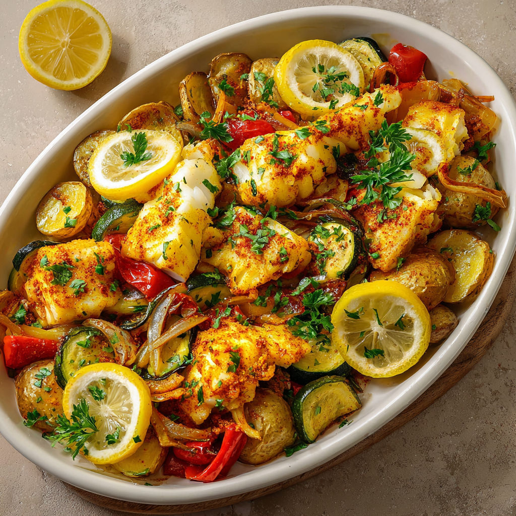 Un plat délicieux de cabillaud épicé au four servi avec des légumes savoureux et des tranches de citron.