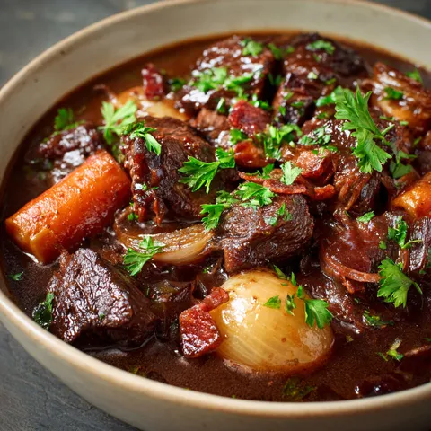 Ragoût de bœuf avec carottes et herbes.