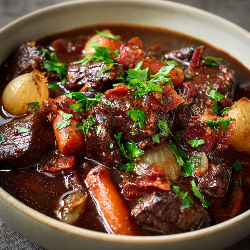 Un plat de boeuf mijoté avec carottes et herbes sur le dessus.