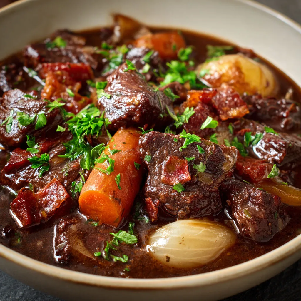 Une assiette de bœuf mijoté avec carottes et un brin de persil.