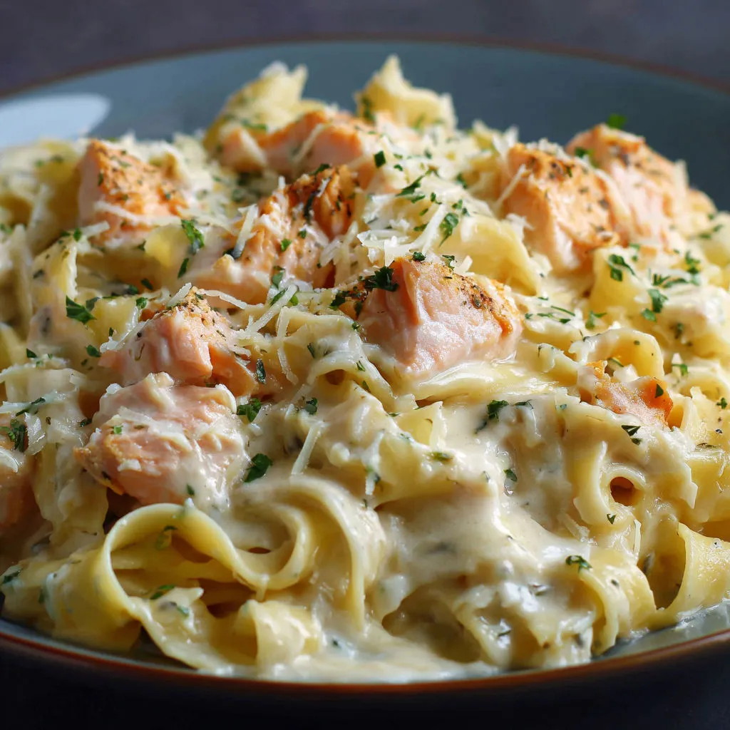 Des spaghettis avec des morceaux de poisson et quelques herbes fraîches.