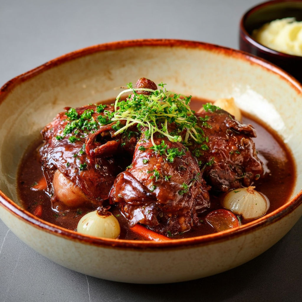 Un repas de coq mijoté au vin rouge servi avec des légumes et pommes de terre.