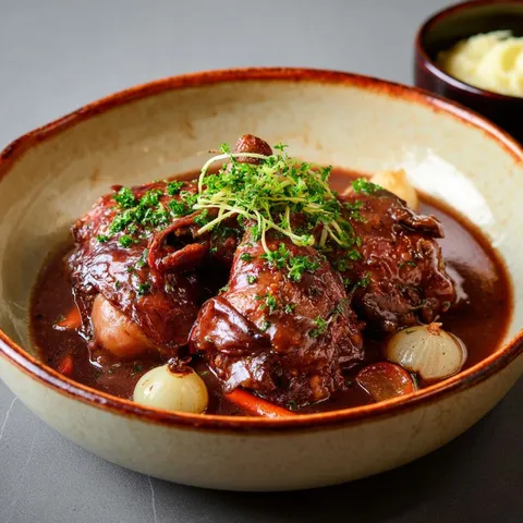 Un repas de coq mijoté au vin rouge servi avec des légumes et pommes de terre.
