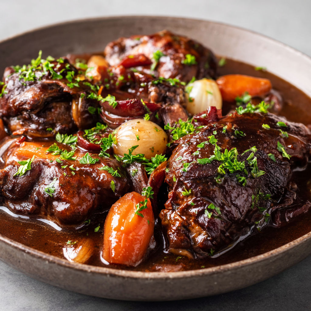 Un plat de viande en sauce avec carottes et lardons, présenté dans un bol en métal.