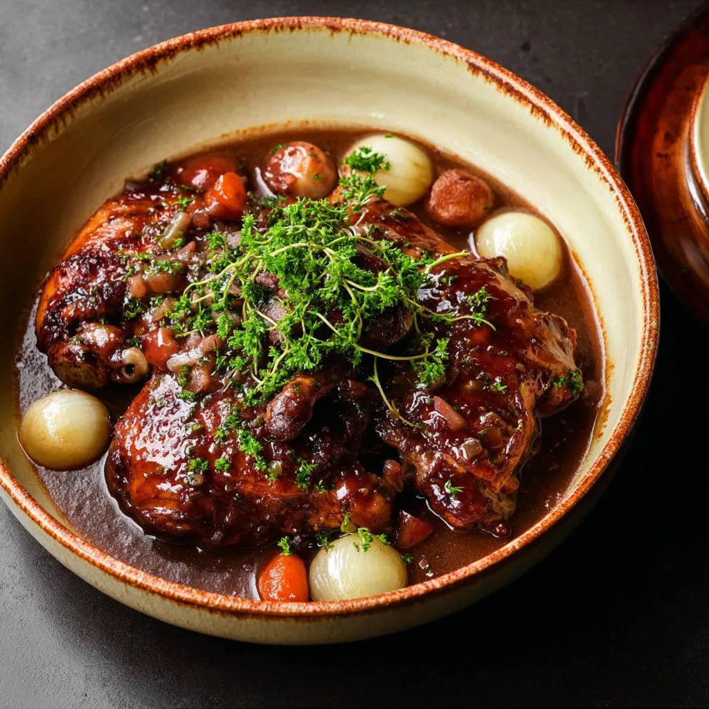 Un plat mijoté à la viande avec légumes et pommes de terre, servi dans une grande assiette en terre cuite.