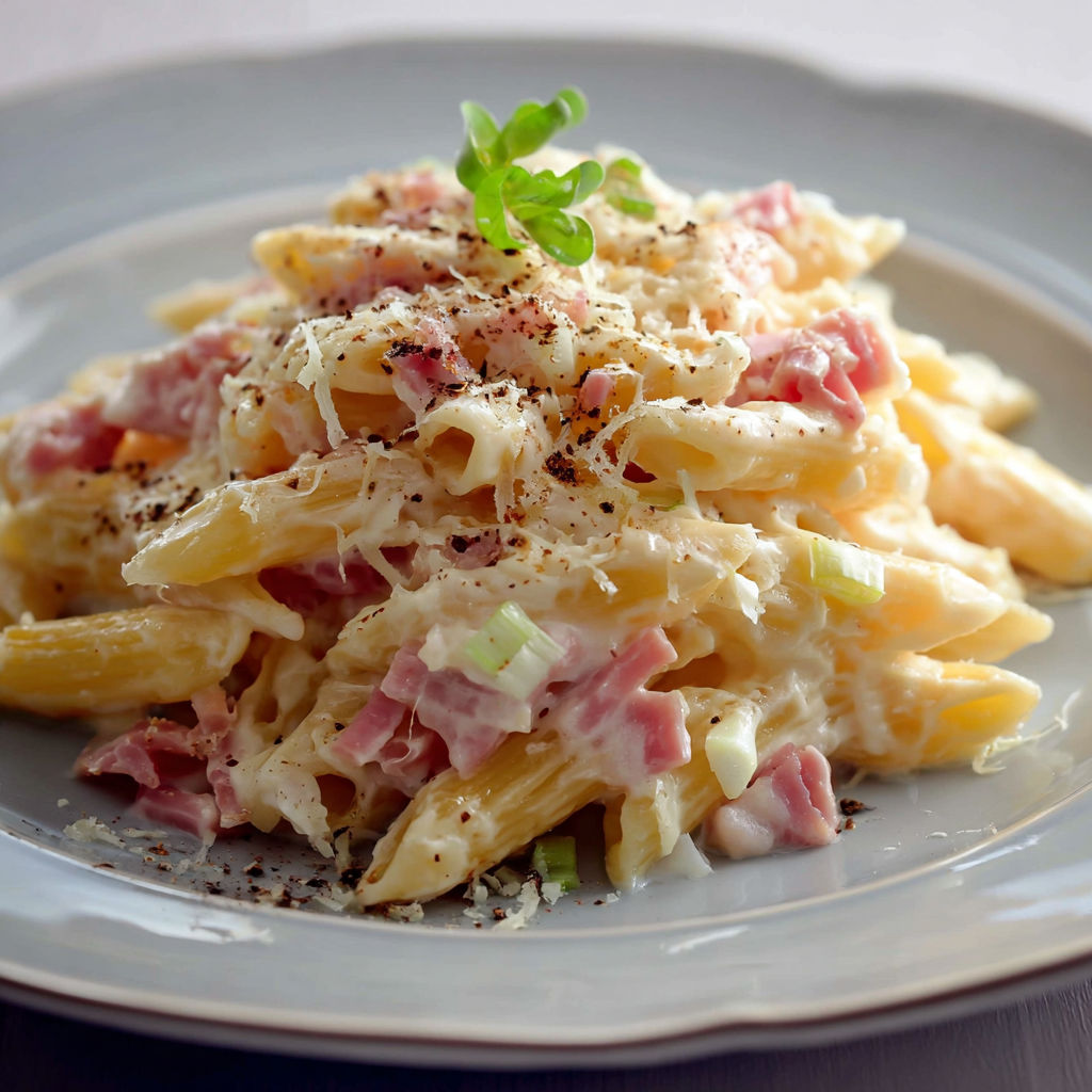 Une belle assiette de pâtes au jambon, nappées d’une sauce crémeuse.
