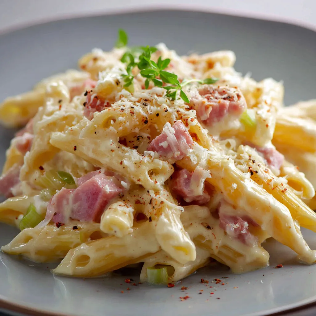 Un plat de macaroni et jambon avec des herbes fraîches.