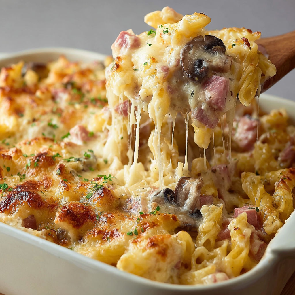 Délicieux gratin de pâtes avec jambon, champignons et fromage doré, prêt à être dégusté.