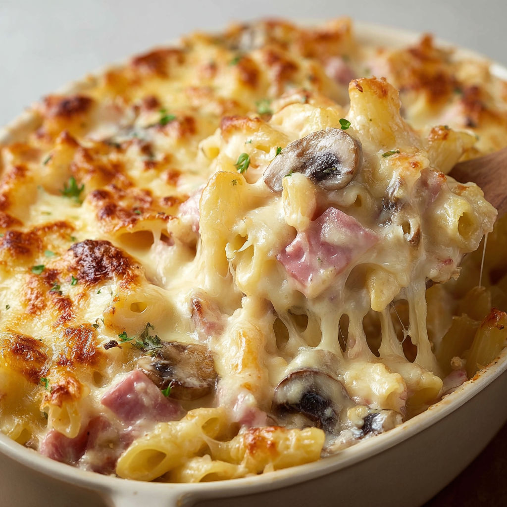 Macaroni fondant au fromage avec des champignons et un peu d’herbes.
