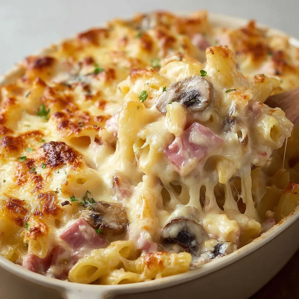 Macaroni fondant au fromage avec des champignons et un peu d’herbes.