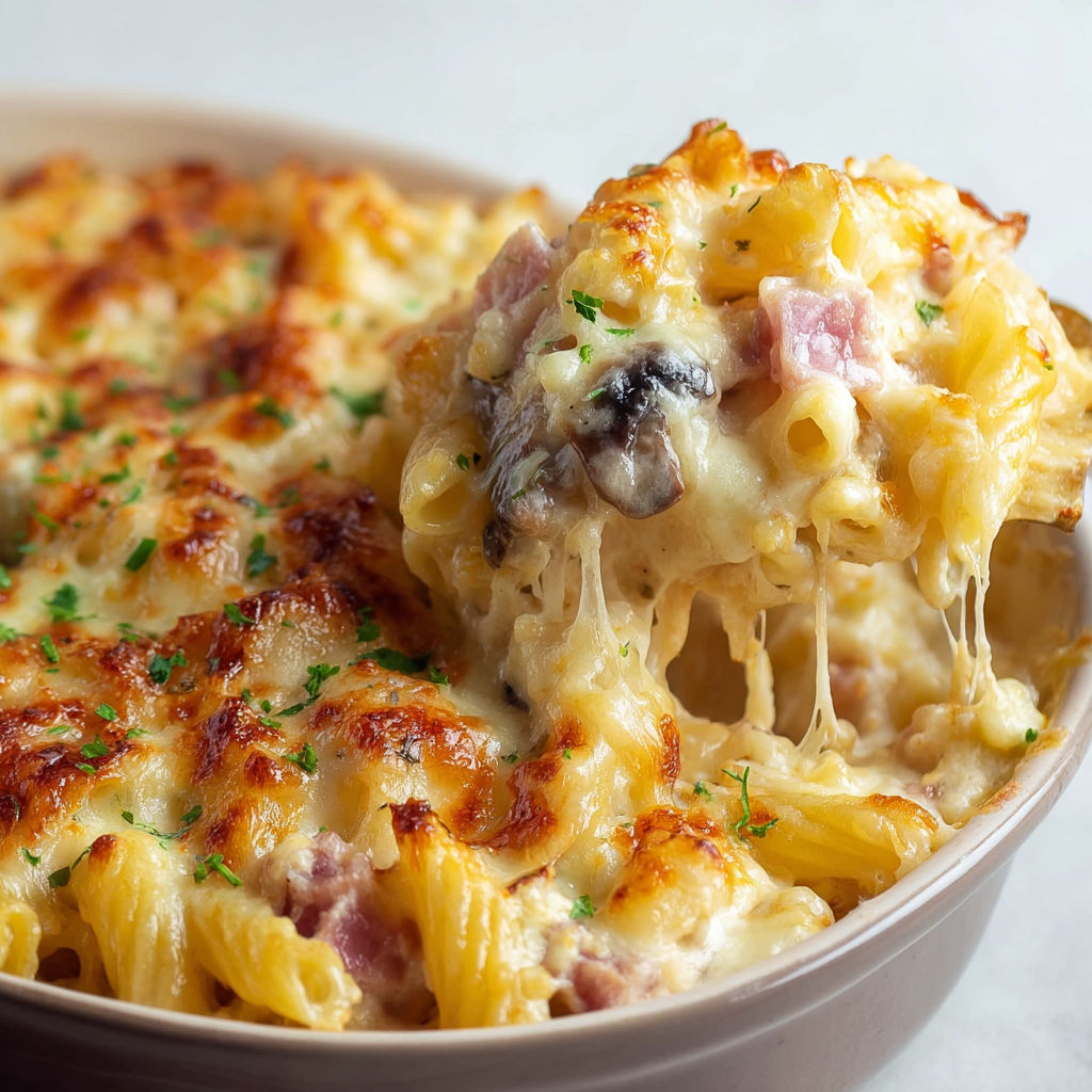 Macaroni fondant au fromage avec des champignons et un peu d’herbes.