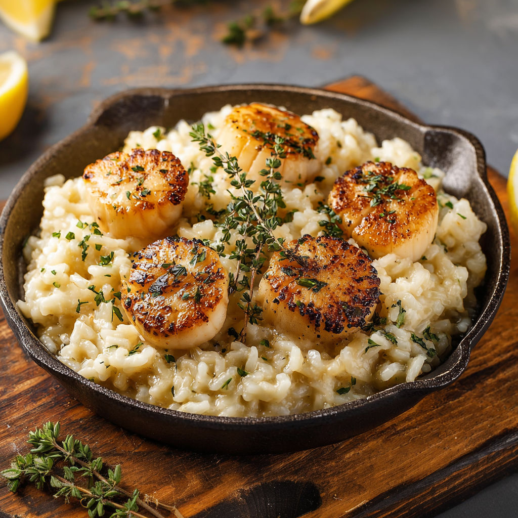 Riz fondant aux Saint-Jacques poêlées, servi dans un bol élégant.
